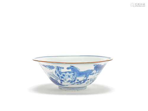 A blue and white 'horses' bowl Jiajing six-character mark, Kangxi