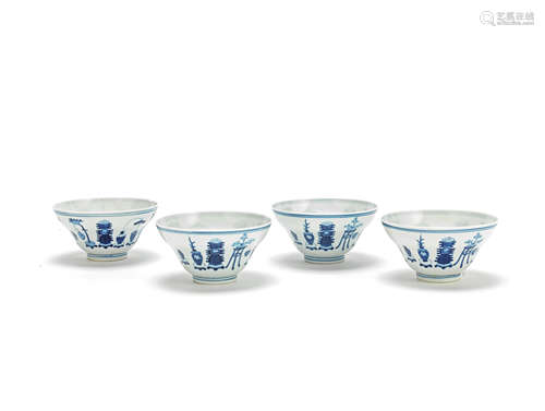 Four blue and white ogee-form bowls Guangxu six-character marks and of the period (1875-1908)