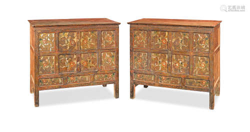 A pair of painted lacquered wood 'floral brocade' cabinets Tibet, 19th century