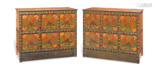 A pair of polychrome painted wood cabinets Tibet, late 19th/early 20th century