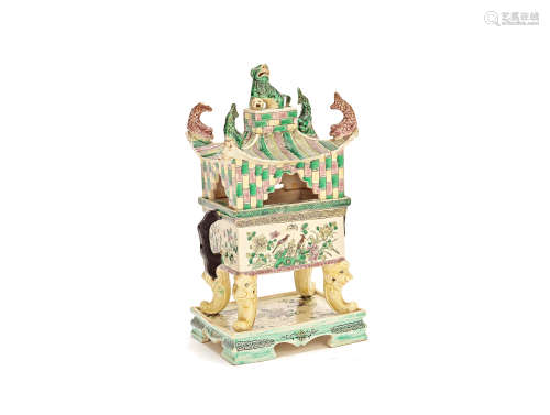 A famille verte biscuit incense burner, cover and stand 19th century