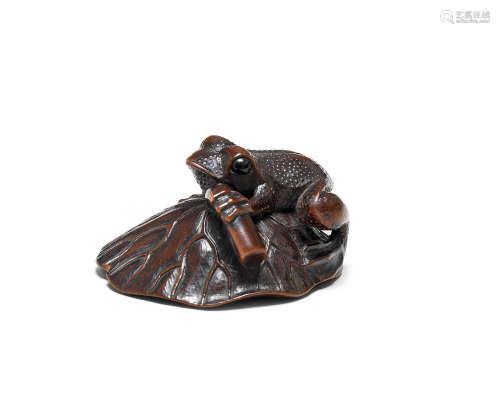 A wood netsuke of a toad on a lotus leaf Early/mid-19th century