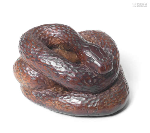 A wood netsuke of a coiled snake By Tanaka Minko (1735-1816), Tsu, Ise Province, late 18th/early 19th century