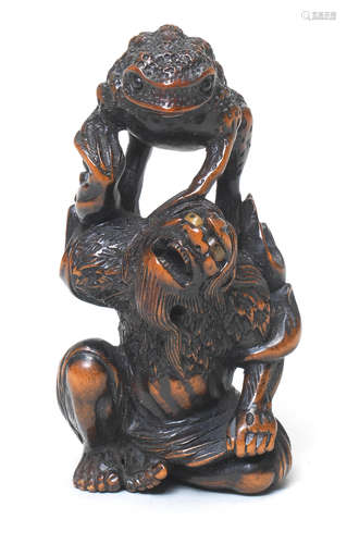 A wood netsuke of Gama Sennin By Toyokazu, Tanba Province, mid-19th century