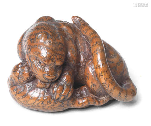 A wood netsuke of a tiger and cub By Kokei, Kuwana, Ise Province, late 18th/early 19th century