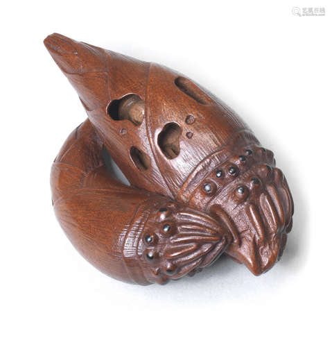 A wood netsuke of bamboo shoots By Yoshikazu, late 19th century