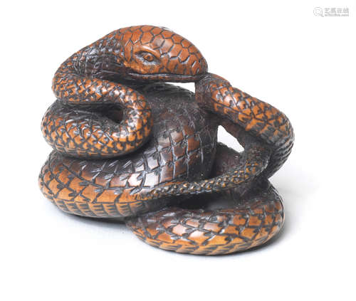 A boxwood netsuke of a coiled snake By Nobumitsu, 19th century