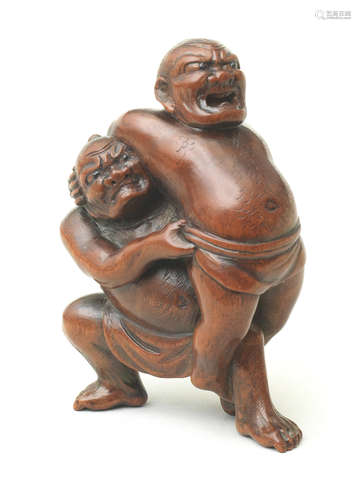 A wood netsuke of Kawazu Sukeyasu and Matano Kagehisa By Masakazu, Gifu, late 19th century