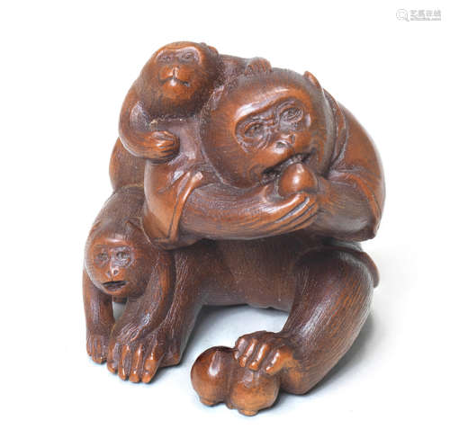 A dark wood netsuke of a monkey and young By Tomokazu II, Gifu, late 19th century