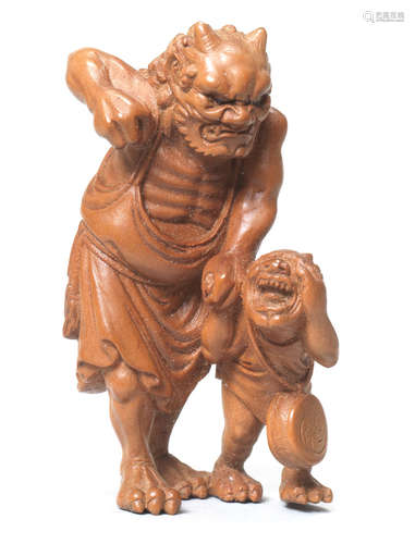 A late wood okimono-style netsuke of Raiden and Raitaro Late 19th century