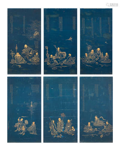 Attributed to Wan Shouqi (1603-1652) A Set of Six Paintings of Eighteen Luohans