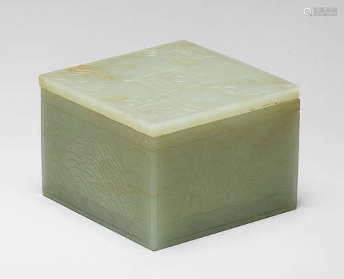 A rare pale green jade 'Five Holy Mountains and four rivers' box and cover 18th century