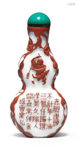 A rare cinnabar-red overlay white glass double-gourd shaped 'Liuhai' snuff bottle Yangzhou School, mid Qing Dynasty