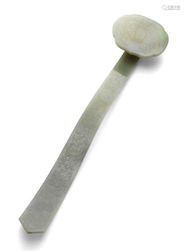 A pale green jade incised 'bajixiang' sceptre, ruyi Qianlong