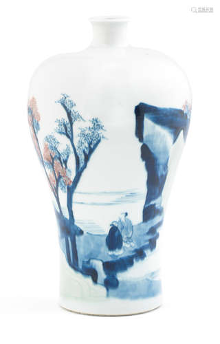 A blue and white celadon and copper-red vase, Meiping Kangxi