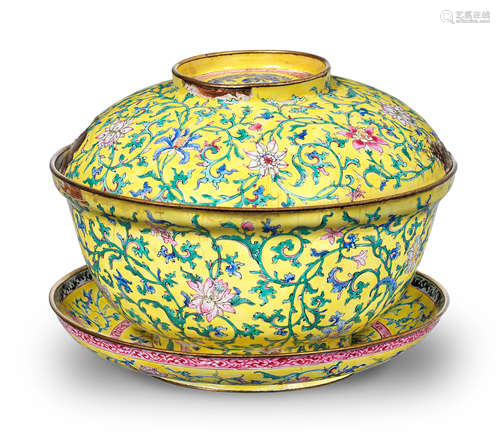 A yellow-ground painted enamel bowl, cover and stand 18th century