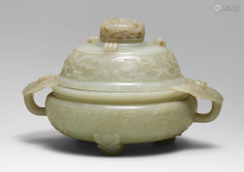 A pale green jade tripod incense burner and cover, ding Qianlong