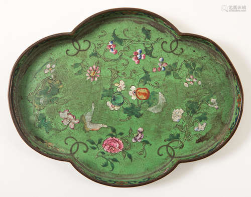 An Imperial-Tribute painted enamel famille rose lime-green ground tray Qianlong red-enamelled four-character mark and of the period