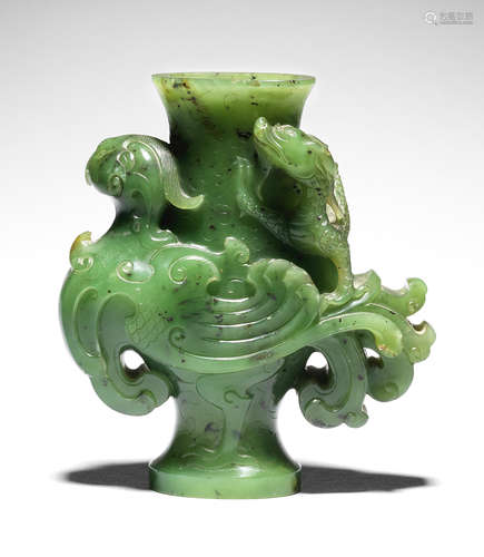 An archaistic spinach-green jade 'dragon and phoenix' vase, zun Qianlong