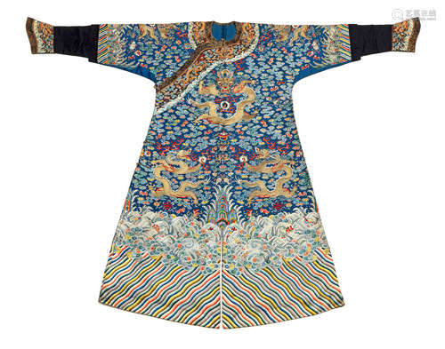 A rare five-colour-cloud blue-ground silk robe, jifu First half 19th century