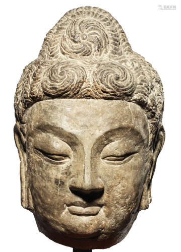 A very rare grey limestone head of Buddha Shakyamuni Tang Dynasty, Longmen Caves, 7th century AD