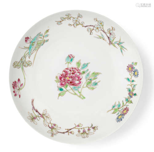 A rare famille rose 'floral sprays' dish Yongzheng six-character mark and of the period, the enamels probably later added