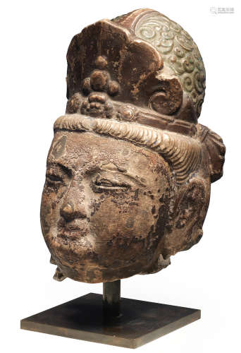 A rare marble painted-lacquered head of a Bodhisattva Probably Yuan Dynasty