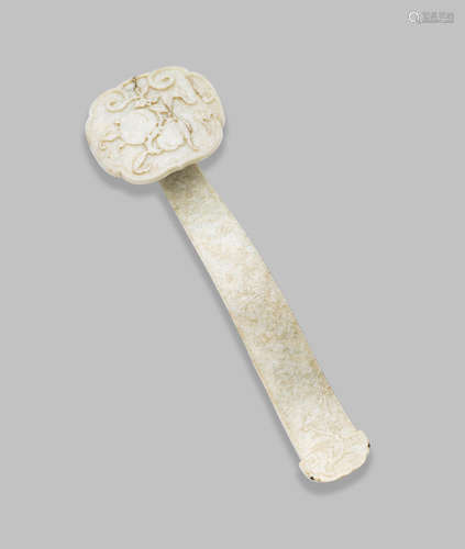 A mottled pale green jade sceptre, ruyi Late Qing Dynasty/Republic Period