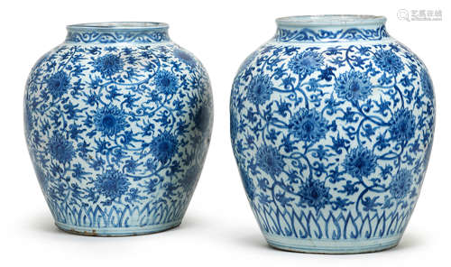 A pair of large blue and white 'lotus' jars Wanli