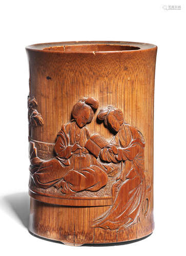 A carved bamboo 'Qiao Sisters' brushpot, bitong 17th/18th century