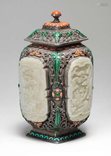 A jade inlaid silver-alloy jar and cover The jade, mid Qing Dynasty; the vase and cover, late Qing Dynasty/Republic Period