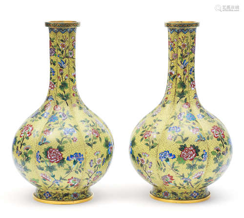 A pair of cloisonné enamel yellow-ground bottle vases De Cheng studio marks, late Qing Dynasty