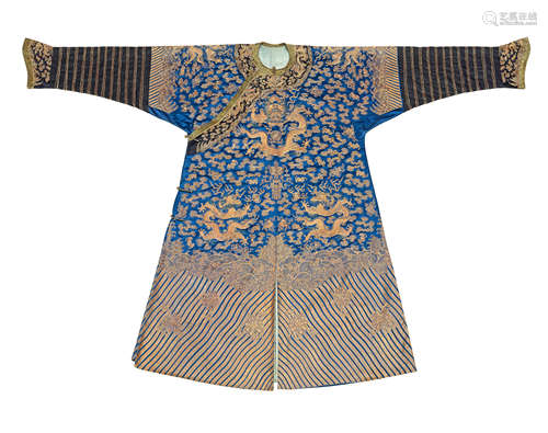 A blue-ground couched 'nine-dragons' gold robe, jifu Circa 1850