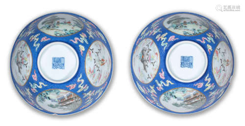 A pair of famille rose blue-sgraffiato-ground 'medallion' bowls Daoguang seal marks and of the period