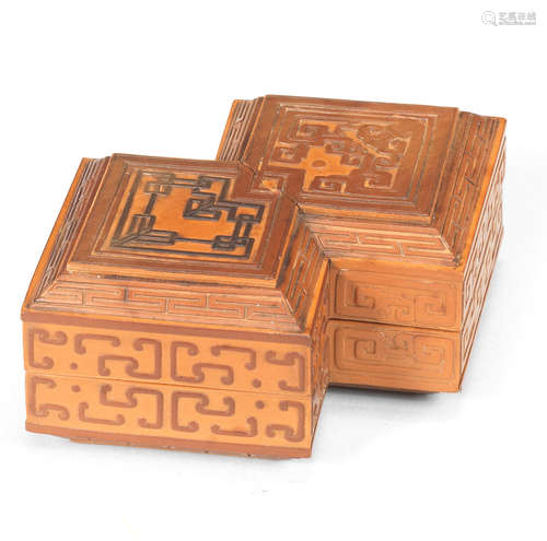 A rare small bamboo-veneered 'double lozenge' box and cover 18th century