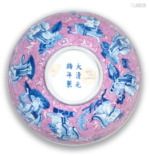 A puce-enamelled blue and white 'Eight Immortals' bowl Guangxu six-character mark and of the period