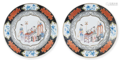 A pair of famille rose 'ladies' plates Qianlong