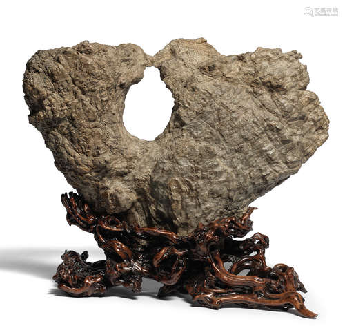 A large scholar's rock on a rootwood stand Qing Dynasty