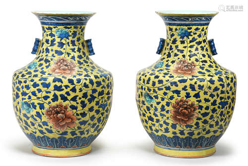 A pair of large yellow-ground iron-red and green-enamelled blue and white vases, hu Guangxu six-character marks and of the period