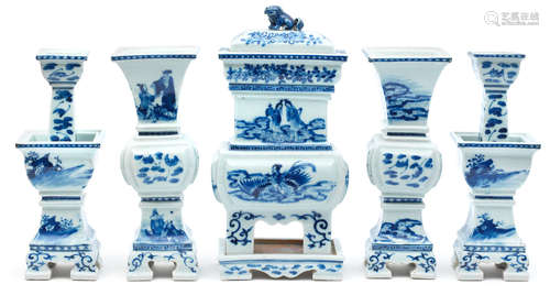 A blue and white five-piece altar garniture Late Qing Dynasty