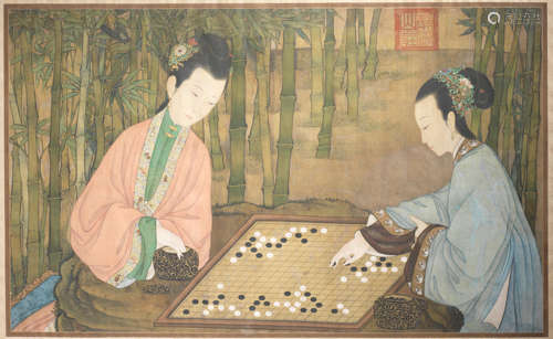 A very rare large court painting of ladies playing chess Yongzheng/Qianlong