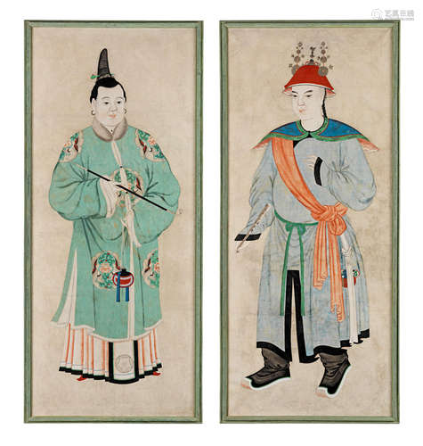 Two large portraits of a mandarin and a court lady 19th century