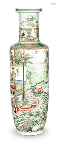 A large famille verte 'dragon boat' rouleau vase 19th century