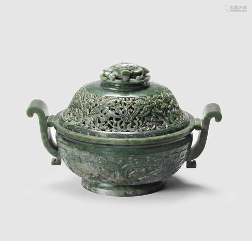 A spinach-green jade incense burner and openwork cover Qianlong/ Jiaqing