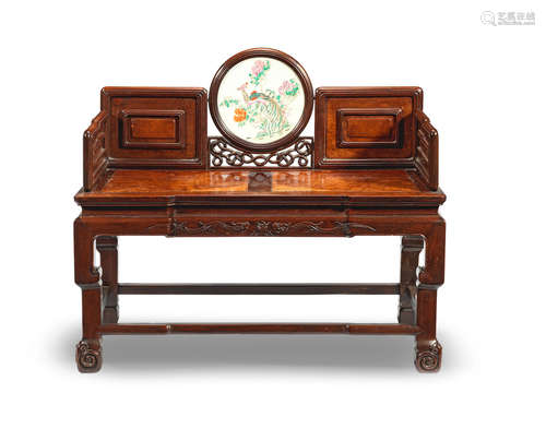 A hongmu and burlwood throne inset with a famille rose circular plaque Late Qing Dynasty