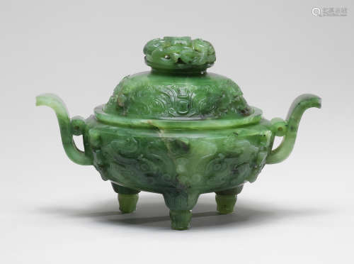 A spinach-green jade tripod incense burner and cover Qianlong