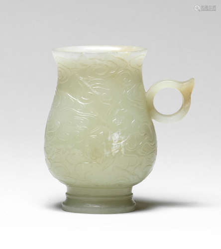 A rare pale green jade cup, Zhi Yuan/Ming Dynasty