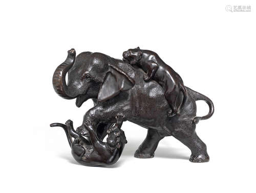 A bronze group of an elephant attacked by two tigers By Genryusai Seiya, Meiji era (1868-1912), late 19th/early 20th century