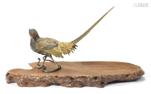 A gilt-bronze okimono of a pheasant and snake By Genryusai Seiya, Meiji era (1868-1912), late 19th/early 20th century