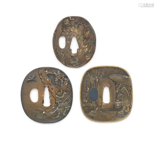 Three sentoku (brass alloy) tsuba (sword guards) Edo period (1615-1868), 19th century